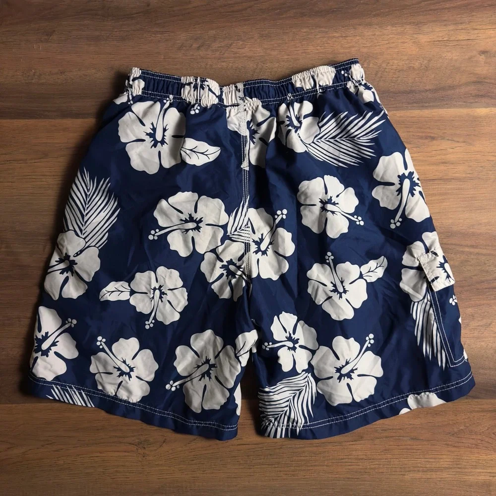 Kanu‎ Surf Mens Swim Trunks Navy Blue White Hibiscus Floral Board Shorts Large